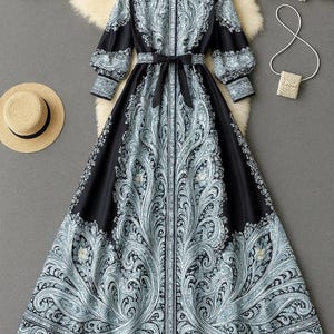 Elegant Black & Blue Maxi Dress with Baroque Floral Print – Modest Long Sleeve Gown, Formal Belted A-Line Dress