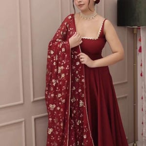 Maroon Anarkali Gown: Embroidered Dupatta, Indian Wedding Party Wear