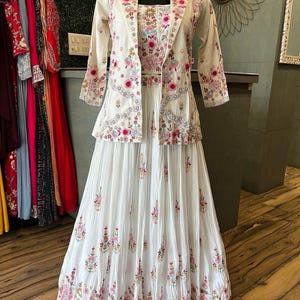 Embroidered stylish dress  Indo-Western Lehenga choli  Set with Jacket and duptta  | Floral Ethnic Wear for Women | Festive Wedding Outfit