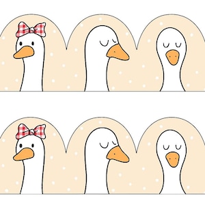 May include: A printable bulletin board border featuring cartoon geese with various accessories. Some geese wear glasses or bows, and one has a pink tutu. The text at the top says, "Print, laminate, cut and staple together to decorate your bulletin board border."