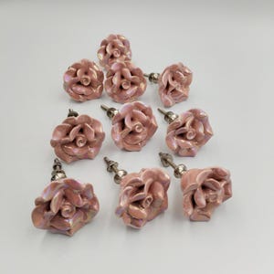 Set of 10 Vintage Pink Iridescent Ceramic Rose Cabinet Knobs Shabby Chic Flower