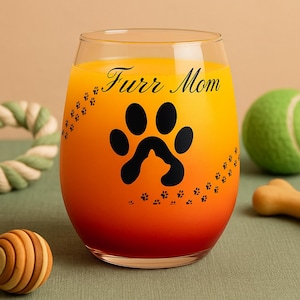 Furr Mom stemless wine glass gift idea pet lover for her cat dog paw print glassware customizable item party favor housewarming personalize