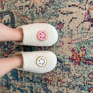Smiley Face Cozy Slippers – Fuzzy White Slippers with Pink & White Smile Patches | Fun Gift for Her, Cute House Shoes, Trendy Comfort