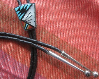 Zuni Bolo Tie C.M. Booqua Geometrical Inlay Sterling Silver Turquoise Mother of Pearl Coral Onyx 40"