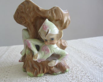 Green Pixie Elf in a Tree Figurine Vase Made in Japan Vintage Ceramic