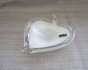 Cased Glass Heart Leaf Dish/Bowl White Clear Mery Bomboniere Italy