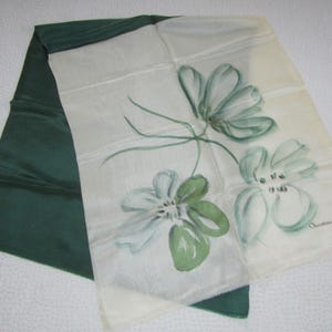 Christian Dior Pure Silk Scarf  17" x 42"  Rectangle Forest green Cream with Green Flowers