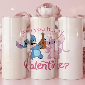 May include: A set of three white insulated tumblers. One tumbler features Stitch holding a ukulele, with Angel and the text "Will you be my Valentine?" in pink. The other two tumblers are blank.