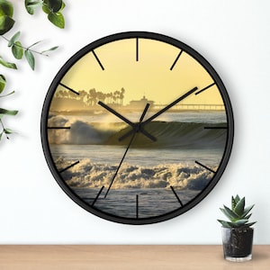 Coastal Wall Clock: Newport Beach Pier, Ocean Wave Photo, 10&quot; Circle Clock