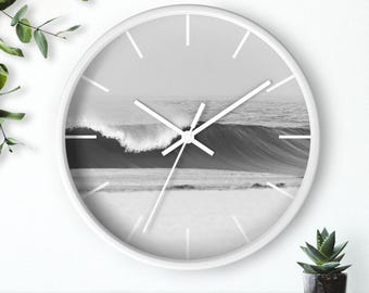 Black and White Ocean Wall Clock: Coastal Beach House Decor, Surfing Clock