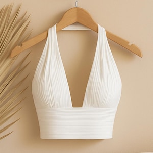 Pleated Halter Crop Top – Backless Summer Tank Top | Elegant & Minimalist | Available in White, Black, Pink, and Khaki
