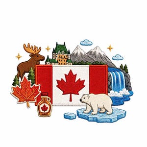 Canada Map Machine Embroidery Design, Moose, Bear, Waterfall, Maple Leaf (PES)
