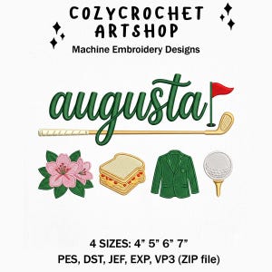 Puede incluir: Diseño de bordado a máquina con la palabra "augusta" en verde, un palo de golf, una bandera roja, una flor rosa, un sándwich, una chaqueta verde y una pelota de golf. Incluye el texto "COZYCROCHET ARTSHOP" y "Machine Embroidery Designs".