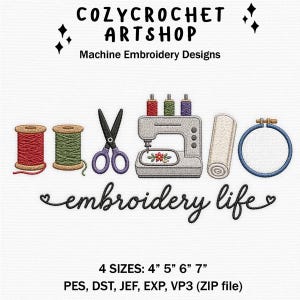 May include: An illustration featuring embroidery tools and supplies. The image includes spools of red and green thread, purple scissors, a sewing machine, a rolled fabric, and an embroidery hoop. The text "embroidery life" is also present.