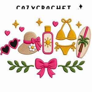 Può includere: Motivi estivi ricamati. Include un cappello di paglia con fiocco rosa, occhiali da sole a forma di cuore, crema solare, un bikini giallo e una tavola da surf. Stelle e cuori decorativi, con il testo "COZY CROCHET" in alto.