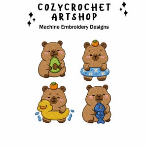 May include: Four brown bear embroidery designs. One bear holds an avocado, another wears a blue inflatable ring, a third rides a yellow duck, and the last holds a blue fish. The text "COZYCROCHET ARTSHOP" and "Machine Embroidery Designs" are at the top.