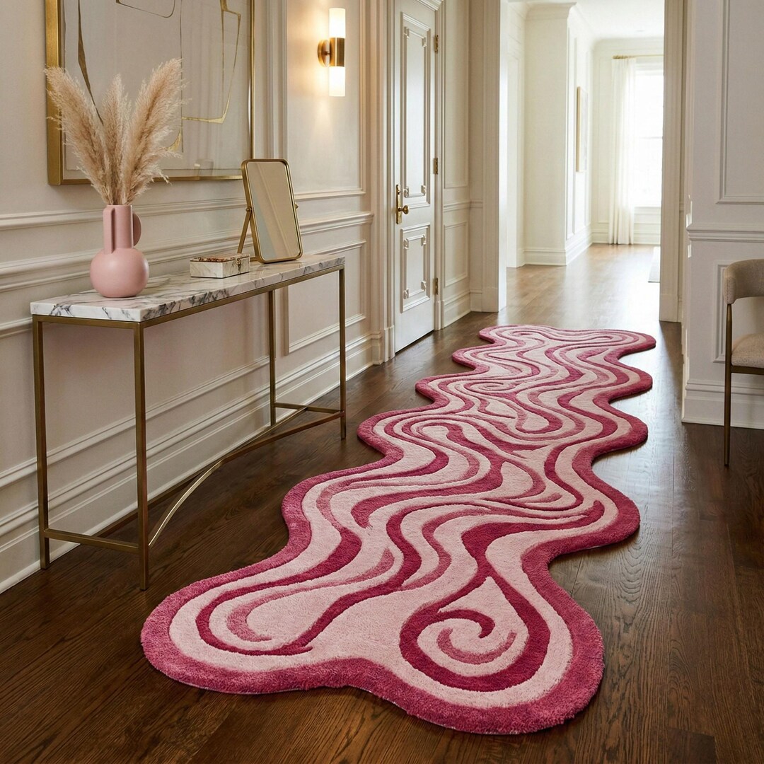 Blush & Rose Modern Hallway Runner Rug, Contemporary Curved Swirl ...