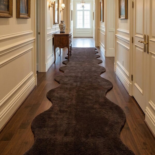 Organic Shape Chocolate Brown Hallway Runner, Handmade Freeform Wool Runner Rug, Soft Plush Brown Tufted Corridor Passage & Stair Runner Rug