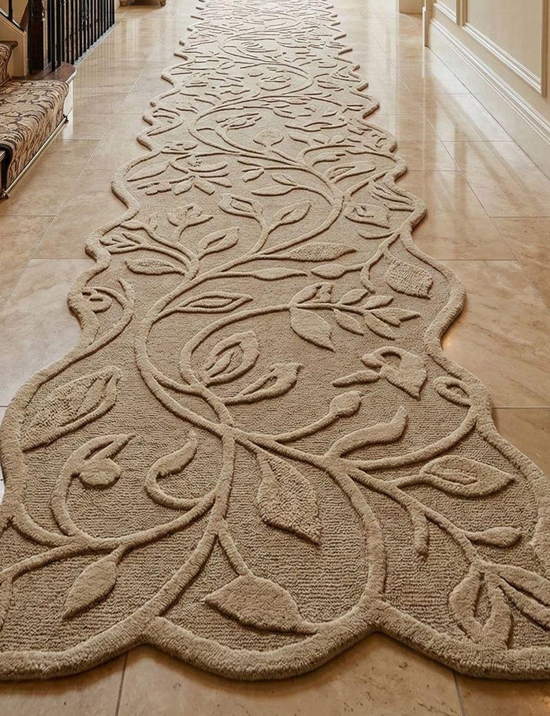 Patterned Wool Runner Rugs Floral Vine Hand Tufted Wool Runner Rug, Designer Organic Edge Floral ...