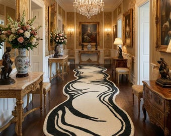 Organic Flow Hand-Tufted Runner Rug | Monochrome Wave Tufted Rug | Modern Curved Edge Hand-Tufted Carpet for Hallway Passage Stair 3x10 3x14
