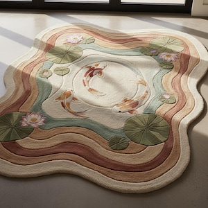 Pode incluir: Um tapete decorativo com um design de lago de carpas koi. O tapete apresenta um centro creme com três carpas koi e é rodeado por camadas concêntricas de cor ondulada, incluindo verde, castanho e rosa. Também estão presentes nenúfares e flores de lótus.