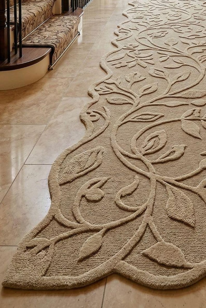 Unique Runner Rugs Floral Vine Hand Tufted Wool Runner Rug, Designer Organic Edge Floral ...