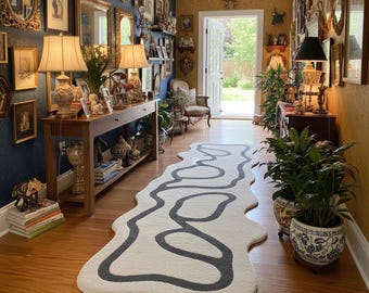 Modern Abstract Wave Runner Rug | Organic Flow Hand-Tufted Runner | Contemporary Curved Line Hallway Runner Passage Area, Stair Runner 3x14