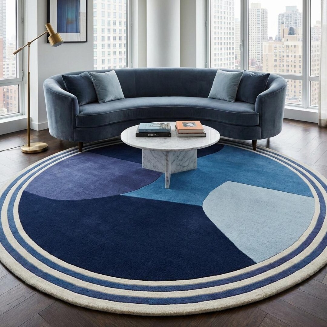 Round Rug Inky Blue Modern Round Blue Hand Tufted Wool Rug | Artistic Color Block Round ...