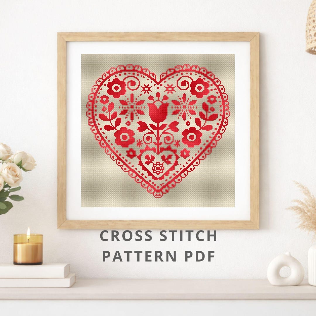 Folk Art Heart Cross Stitch Pattern PDF – Scandinavian Red Heart Design ...
