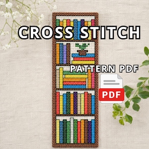 Bookshelf Bookmark Cross Stitch Pattern PDF, Book Lover Cross Stitch Pattern, Modern Bookmark Needlepoint Chart, Library Cross Stitch