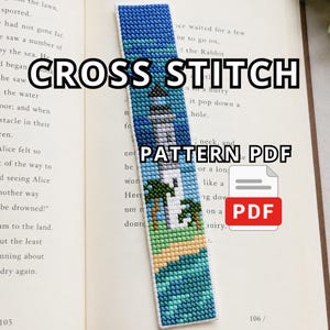 Patrón de punto de cruz de faro para marcapáginas en PDF, gráfico de punto de cruz costero, marcapáginas de playa y océano, diseño moderno de punto de cruz.