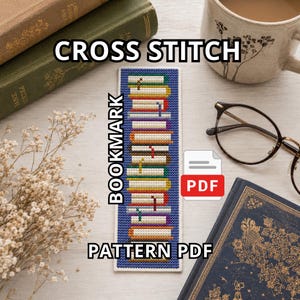May include: A rectangular cross stitch bookmark pattern PDF featuring a vertical stack of colorful books against a dark blue background. The design includes various book spines in shades of yellow, red, brown, green, and white, with small bookmarks.