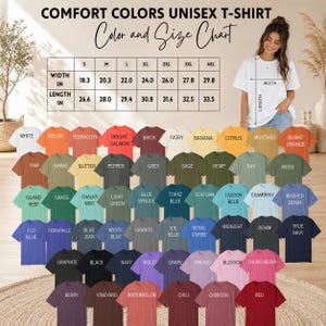 May include: A display of Comfort Colors unisex t-shirts in various colors, including white, melon, and red. The image includes a color and size chart with measurements in inches, and a woman wearing a white t-shirt.