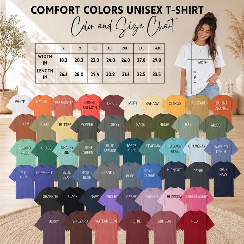 May include: A display of Comfort Colors unisex t-shirts in various colors, including white, melon, and red. The image includes a color and size chart with measurements in inches, and a woman wearing a white t-shirt.