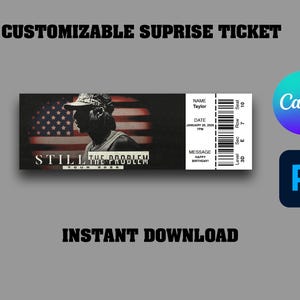 May include: A customisable surprise ticket featuring a black and white image of a person against an American flag. The ticket includes the text "STILL THE PROBLEM TOUR 2020" and the name "Taylor". The ticket also has a barcode and the words "Happy Birthday".