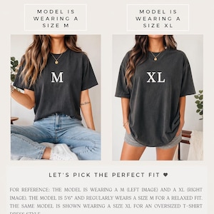 May include: Size guide graphic with two images of a person wearing a dark gray t-shirt. The left image shows a size M, the right image shows a size XL. Text reads "Size Guide" and "Let's pick the perfect fit".