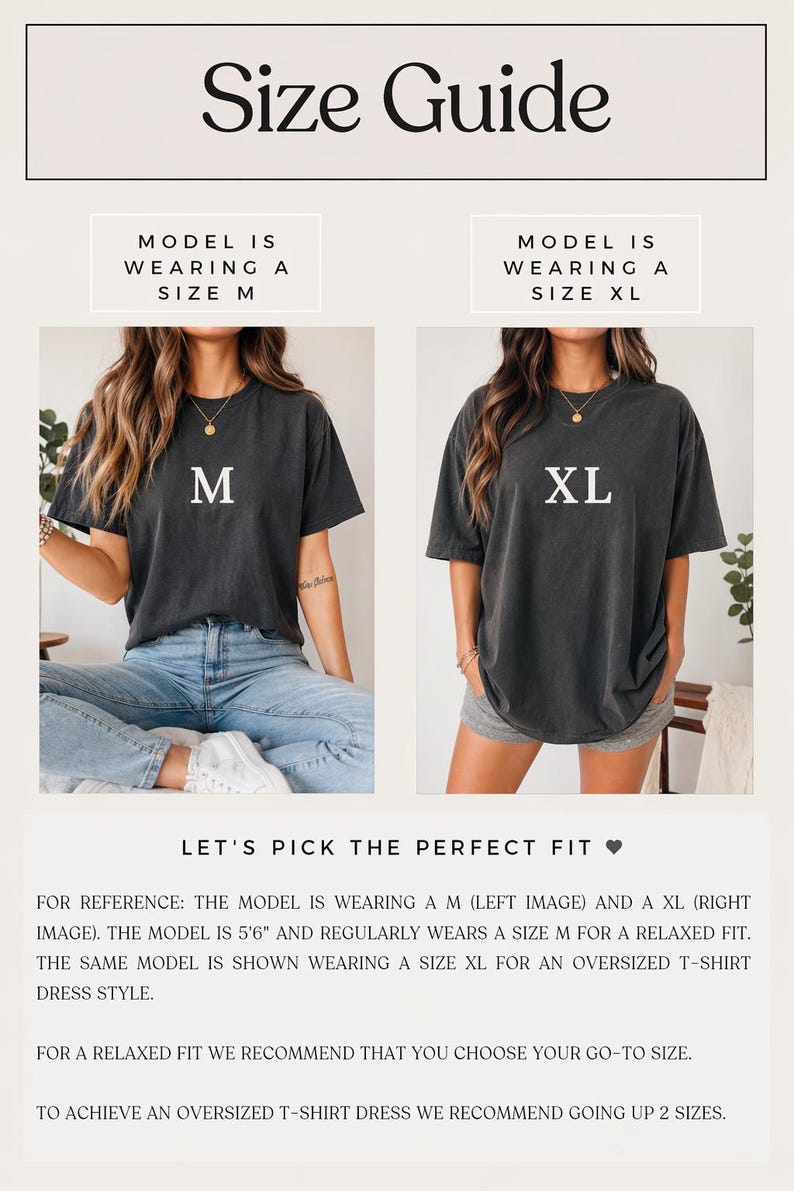 May include: Size guide graphic with two images of a person wearing a dark gray t-shirt. The left image shows a size M, the right image shows a size XL. Text reads "Size Guide" and "Let's pick the perfect fit".