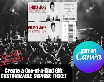 Biglietto personalizzabile per il concerto del "The Romantic Tour" di Bruno Mars, regalo personalizzato per il concerto, modificabile, modello Canva per souvenir e ricordi.