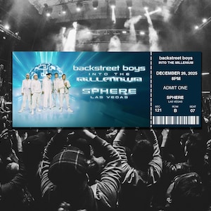 Puede incluir: Una entrada para el concierto de los Backstreet Boys "Into the Millennium" en el Sphere de Las Vegas, con fecha del 26 de diciembre de 2025. La entrada es azul y blanca, con la imagen de la banda y detalles del lugar. El fondo muestra una multitud.