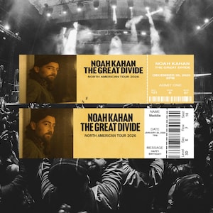 Op de afbeelding: Twee concertkaartjes met een geel en zwart ontwerp. De kaartjes tonen een portret van Noah Kahan en de tekst "Noah Kahan The Great Divide North American Tour 2026". Eén kaartje is voor 29 december 2026.