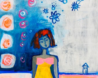 Ballerina, redhead, original acrylic painting of girl, figure painting, portrait, girl, abstract painting, ballet, dance, 10x20