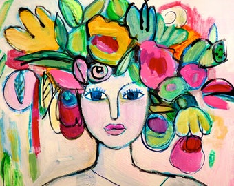 Può includere: Un dipinto astratto colorato di una persona con una corona di fiori sulla testa. I fiori sono in tonalità di rosa, giallo, verde e blu. Il viso della persona è dipinto in uno stile semplice con occhi grandi e un incarnato rosa.