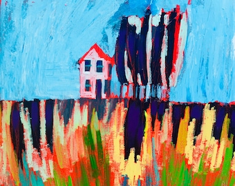 Little White House Landscape Painting in acrylic on stretched canvas 12 x 16 inches