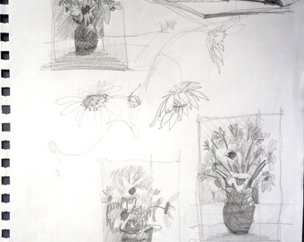 Ołówek Rysunek Jeszcze życia Kwiaty Martwa Szkic Etsy