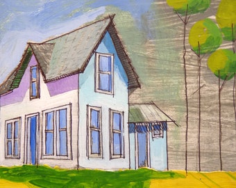 House on the Hill Painting 10 x 10 x 3/4 inches original acrylic painting White house with blue shadows acrylic on professional wood panel