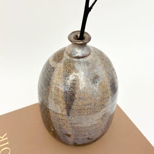 May include: A small, round, ceramic vase with a narrow neck and a dark brown and tan mottled glaze. A dark twig is inserted into the vase. The vase is sitting on a brown book.