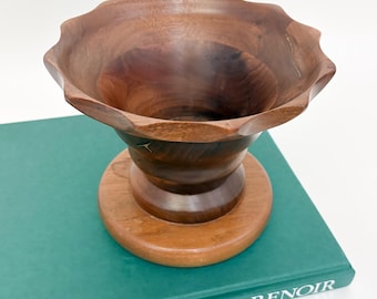Handmade Brown Wooden Scalloped Pedestal Bowl