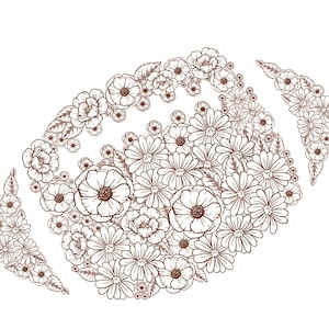 May include: A brown line drawing of a football shape, intricately filled with various flowers and leaves. The design is detailed, with different flower types and leaf patterns creating a floral football.