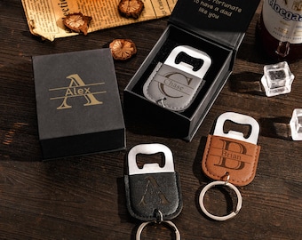 Custom Engraved Leather Keychain Bottle Opener, Personalized Wedding & Birthday Gift