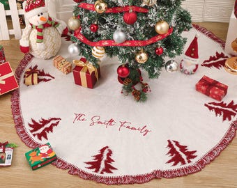 Faldas de árbol personalizadas con nombre familiar, falda de árbol de Navidad con borlas de punto personalizadas, decoración navideña para el hogar, decoración navideña para el hogar, decoración navideña para fiestas